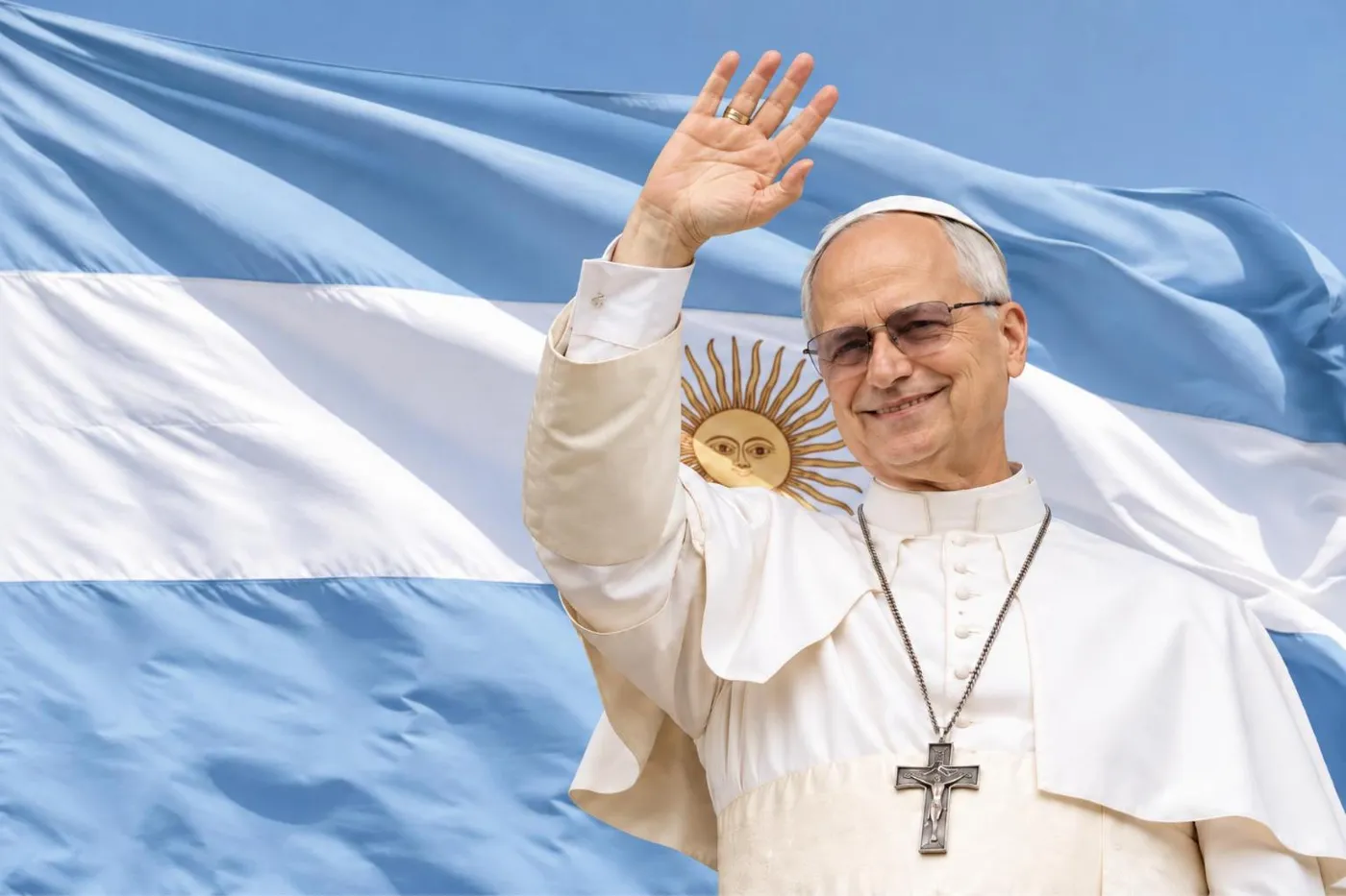 El Papa León XIV saluda, con la bandera argentina de fondo
